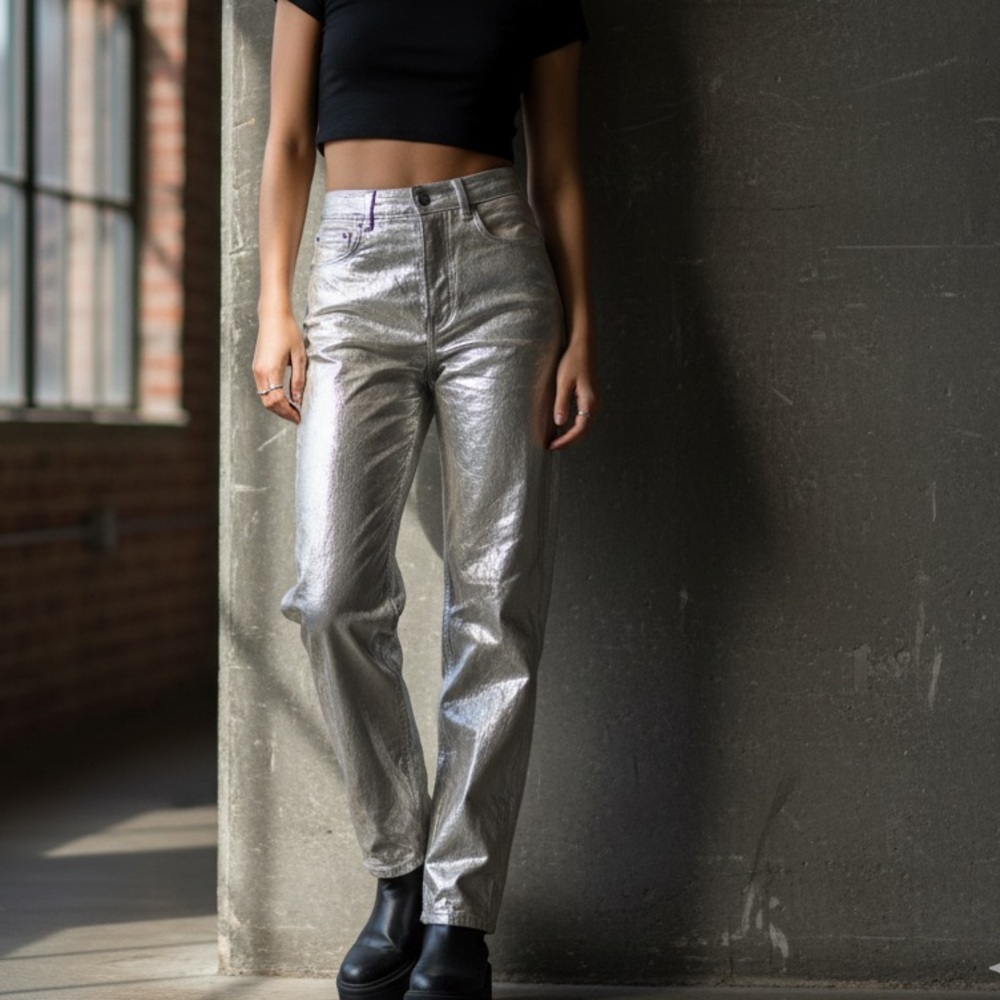 Zara Sz 4 Metallic Silver Straight Leg Festival Pants